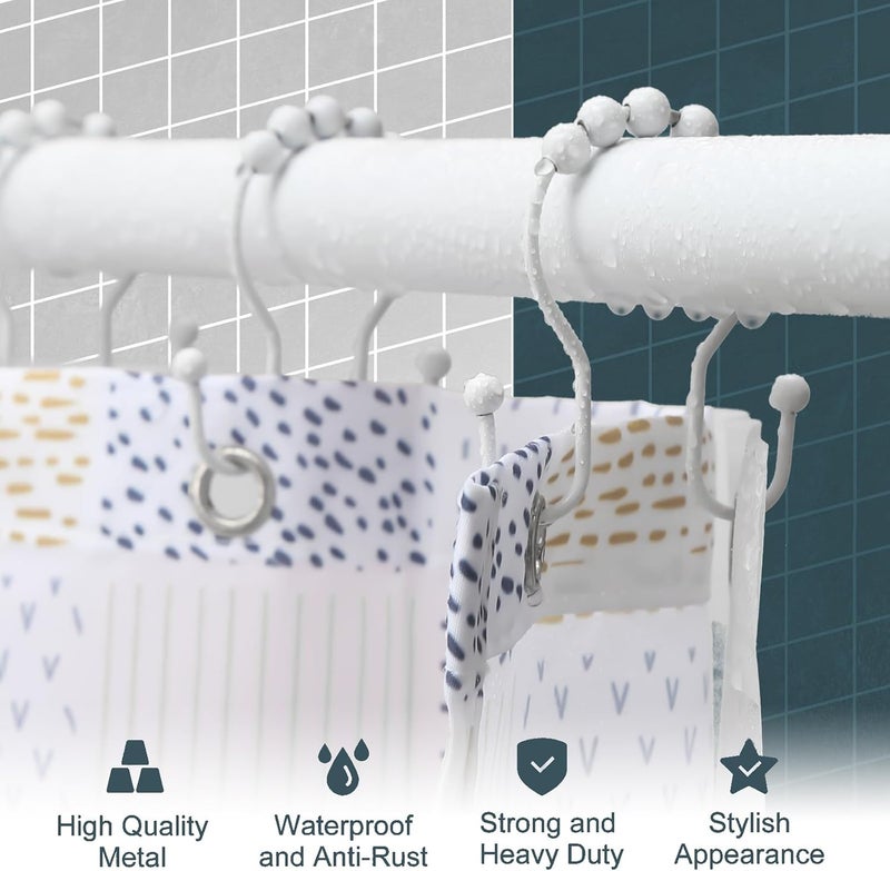 OEH Shower Curtain Hooks, Shower Curtain Rings, White Shower Curtain Hooks Rust Proof, Smooth Gliding Metal Shower Curtain Rings Rust Proof, Double Shower Rings for Curtain, 12 Pcs, White - Image 2